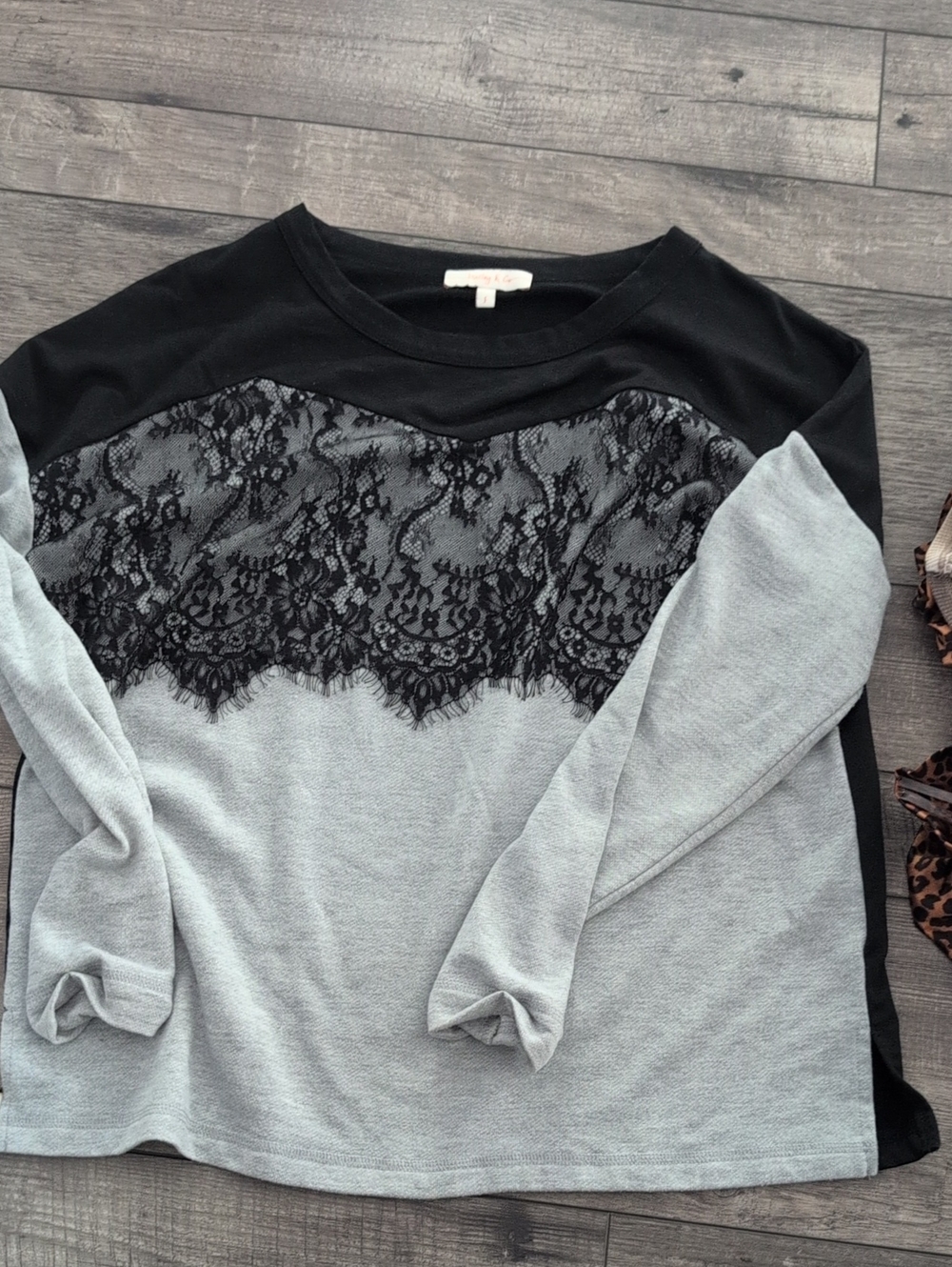 Womens Black and Light Gray Lace-Accent Pullover Top
